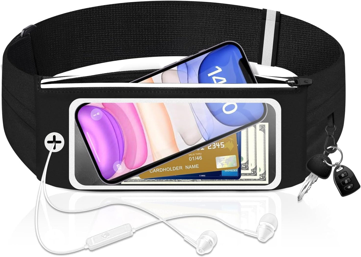 Sweatproof running belt waist pack with 3 separate pockets worn by jogger