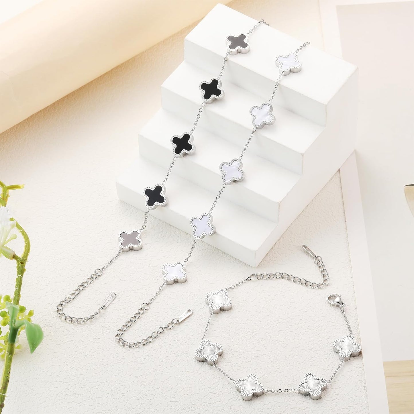 Silver Chain Bracelet Set Gold/White/Black Clover Bracelets for Women Four Leaf Lucky Bracelets Jewelry Gifts for Women 3Pcs