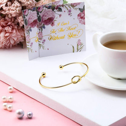 Hicarer 10 Pcs Knot Bracelet for Bridesmaid Proposal Gifts, Tie the Love Knot Bridesmaid Bracelet for Women Wedding Proposal Cuff Bangle with Cards(Gold)
