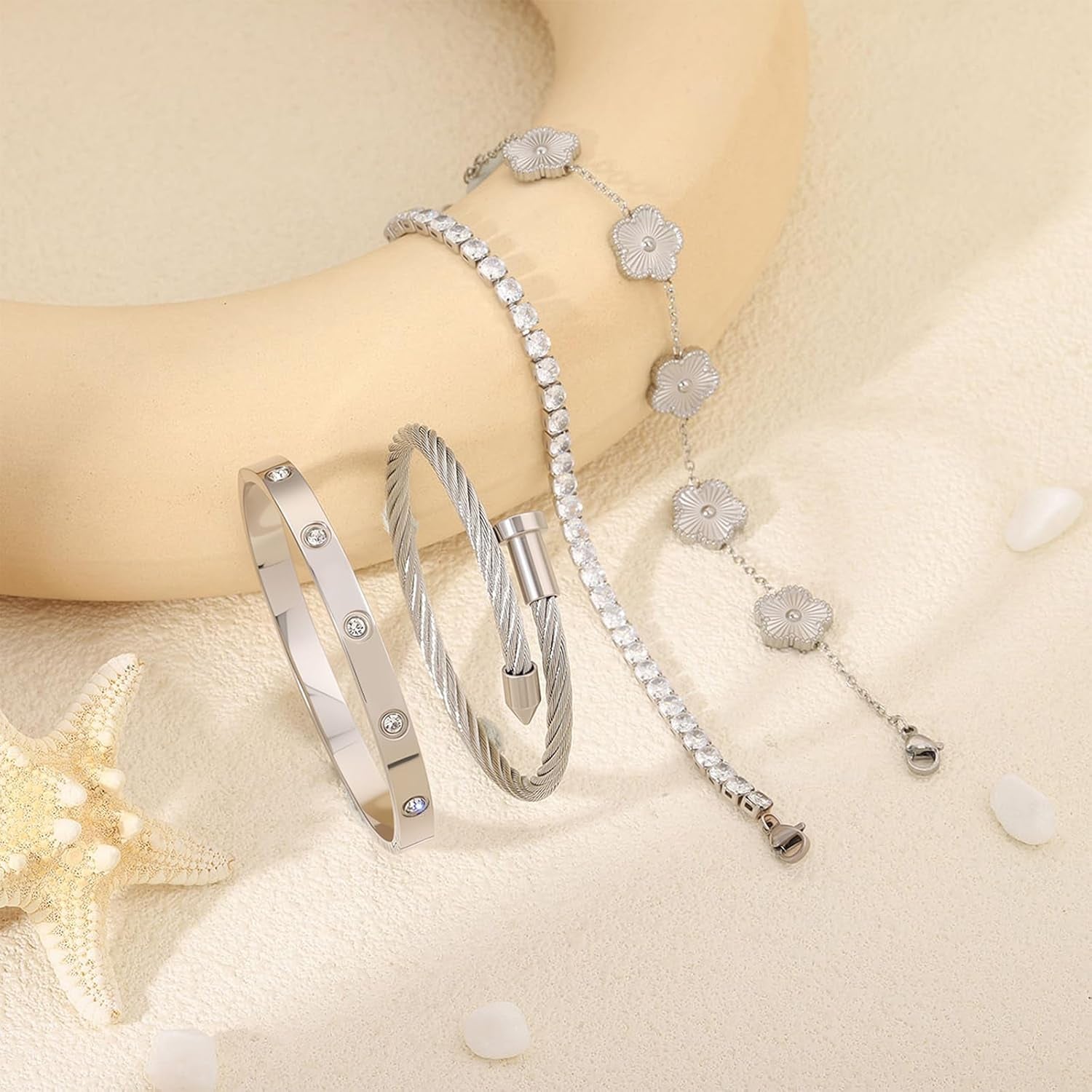 Gold Bracelets for Women-4Pcs 18K Gold Plated Love Bangle Tennis Clover Nail Bracelets Stack Set for Women Trendy Non Tarnish Stainless Steel Gold Bangles Accessories Designer Jewelry