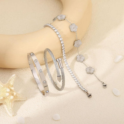 Gold Bracelets for Women-4Pcs 18K Gold Plated Love Bangle Tennis Clover Nail Bracelets Stack Set for Women Trendy Non Tarnish Stainless Steel Gold Bangles Accessories Designer Jewelry