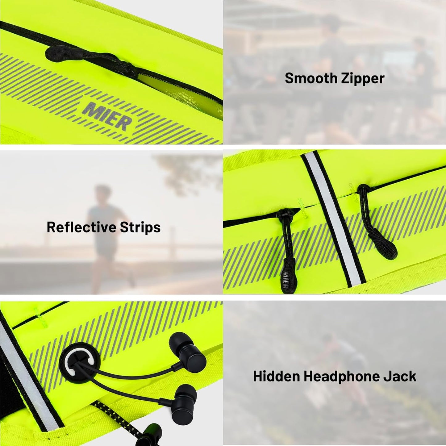Detail of headphone port and cable management on women's running belt