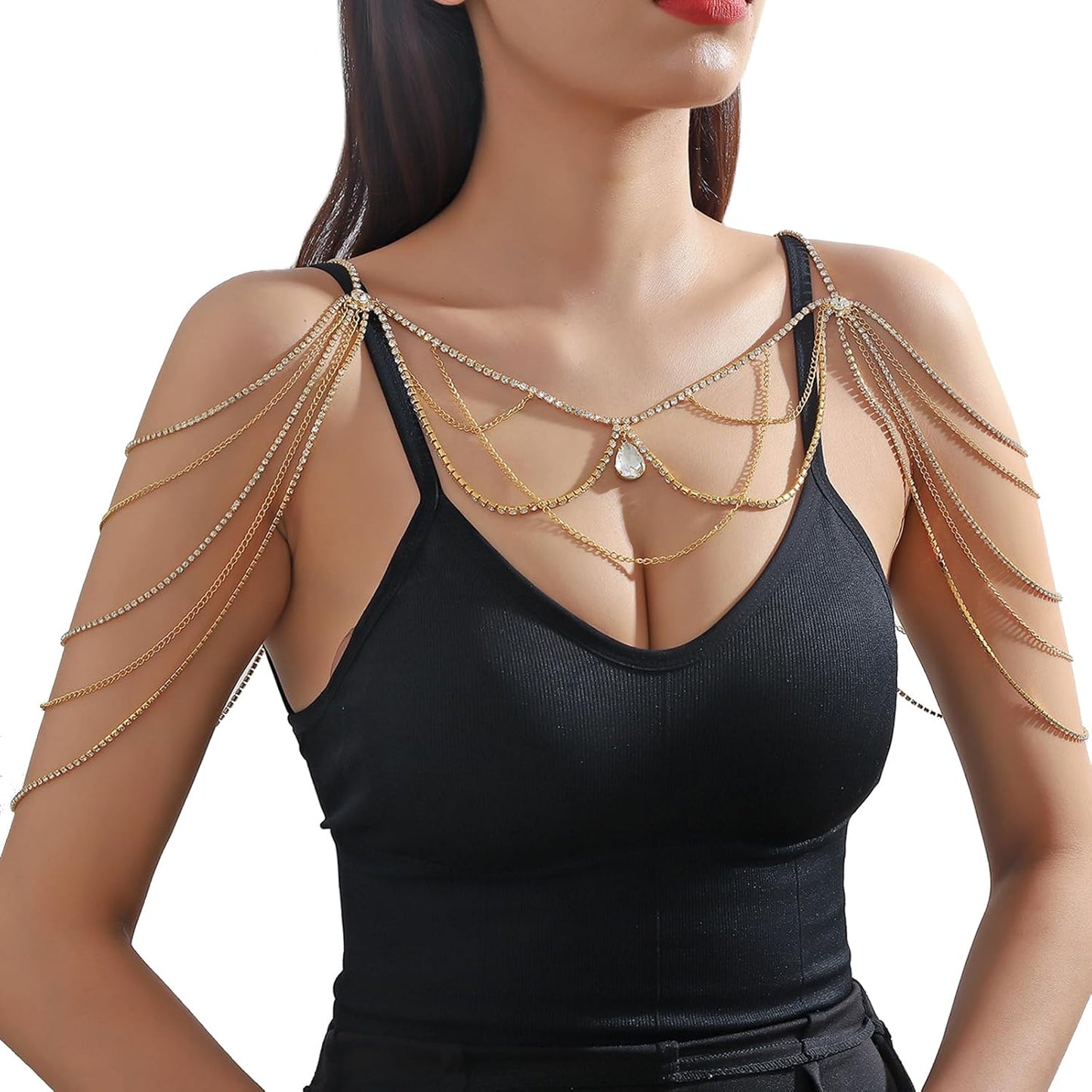 Multilayer Waterdrop Pendant Rhinestone Shoulder Chain Jewelry Bridal Wedding Backdrop Chain Crystal Tassel Shoulder Chain Necklace Rave Shoulder Arm Body Chain Jewelry for Women (Gold)