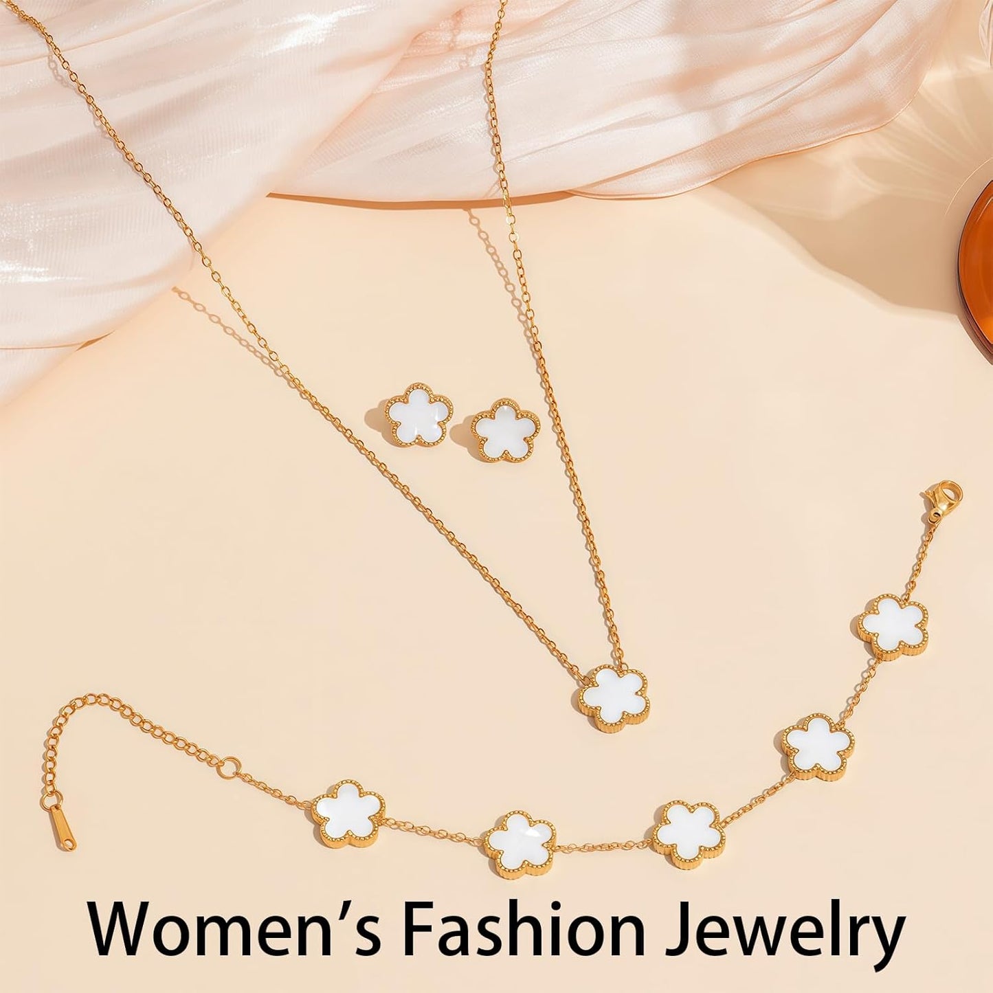 Luckybelle Leaf Clover Necklace & Gold Bracelet Set for Women, Elegant Bracelet,Earrings& Charm Jewelry Set for Anniversary, Birthday Gifts, Five-Leaf Clover Jewelry as Wedding, Party Accessories