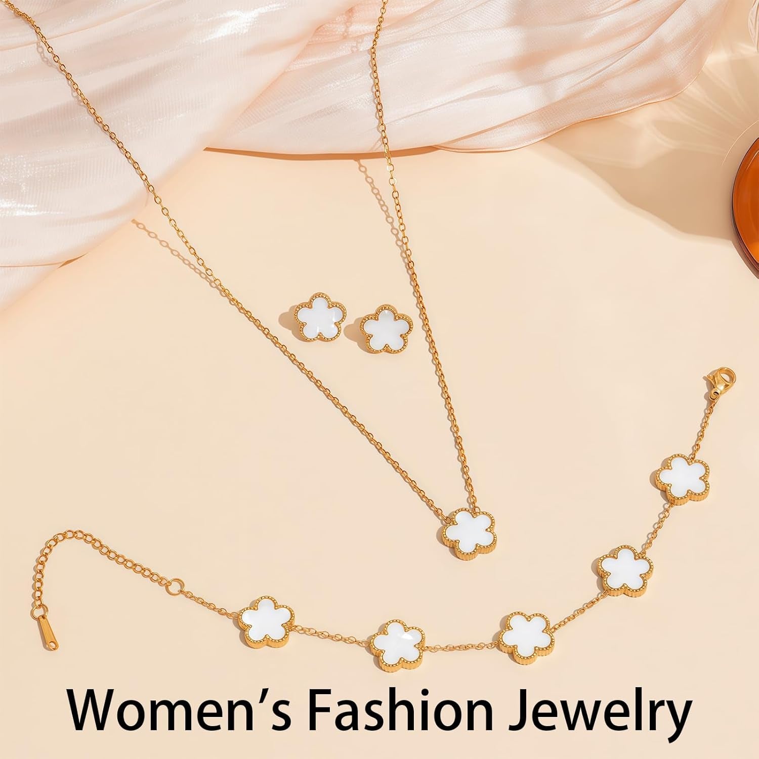 Luckybelle Leaf Clover Necklace & Gold Bracelet Set for Women, Elegant Bracelet,Earrings& Charm Jewelry Set for Anniversary, Birthday Gifts, Five-Leaf Clover Jewelry as Wedding, Party Accessories