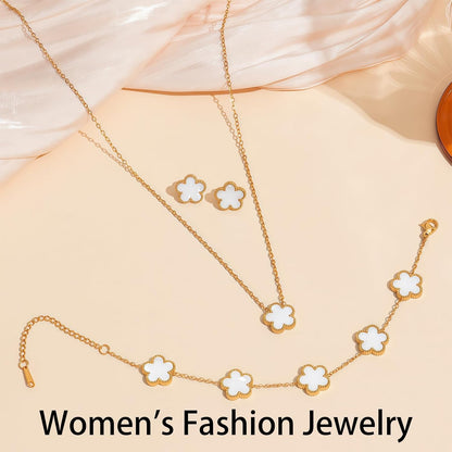 Luckybelle Leaf Clover Necklace & Gold Bracelet Set for Women, Elegant Bracelet,Earrings& Charm Jewelry Set for Anniversary, Birthday Gifts, Five-Leaf Clover Jewelry as Wedding, Party Accessories