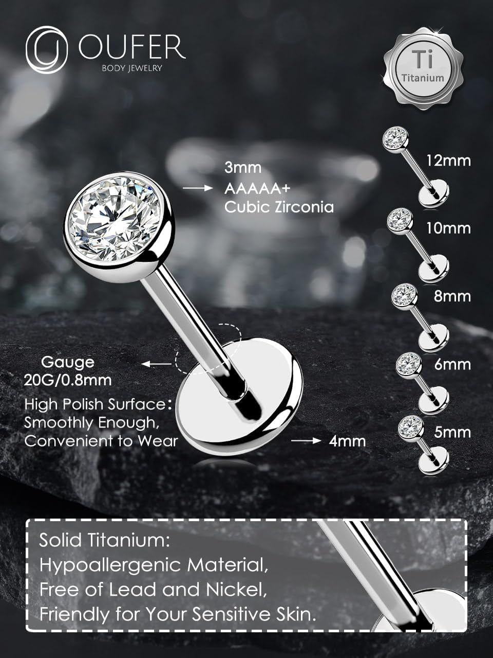 OUFER 2Pcs 20G/18G/16G G23 Titanium Threadless Nose Stud Earrings Flat Back Tiny CZ Small Nose Helix Cartilage Tragus Conch Labret Medusa Monroe Piercing Jewelry for Women Men