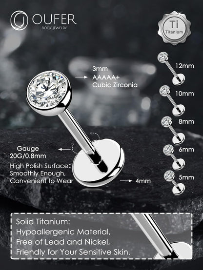 OUFER 2Pcs 20G/18G/16G G23 Titanium Threadless Nose Stud Earrings Flat Back Tiny CZ Small Nose Helix Cartilage Tragus Conch Labret Medusa Monroe Piercing Jewelry for Women Men