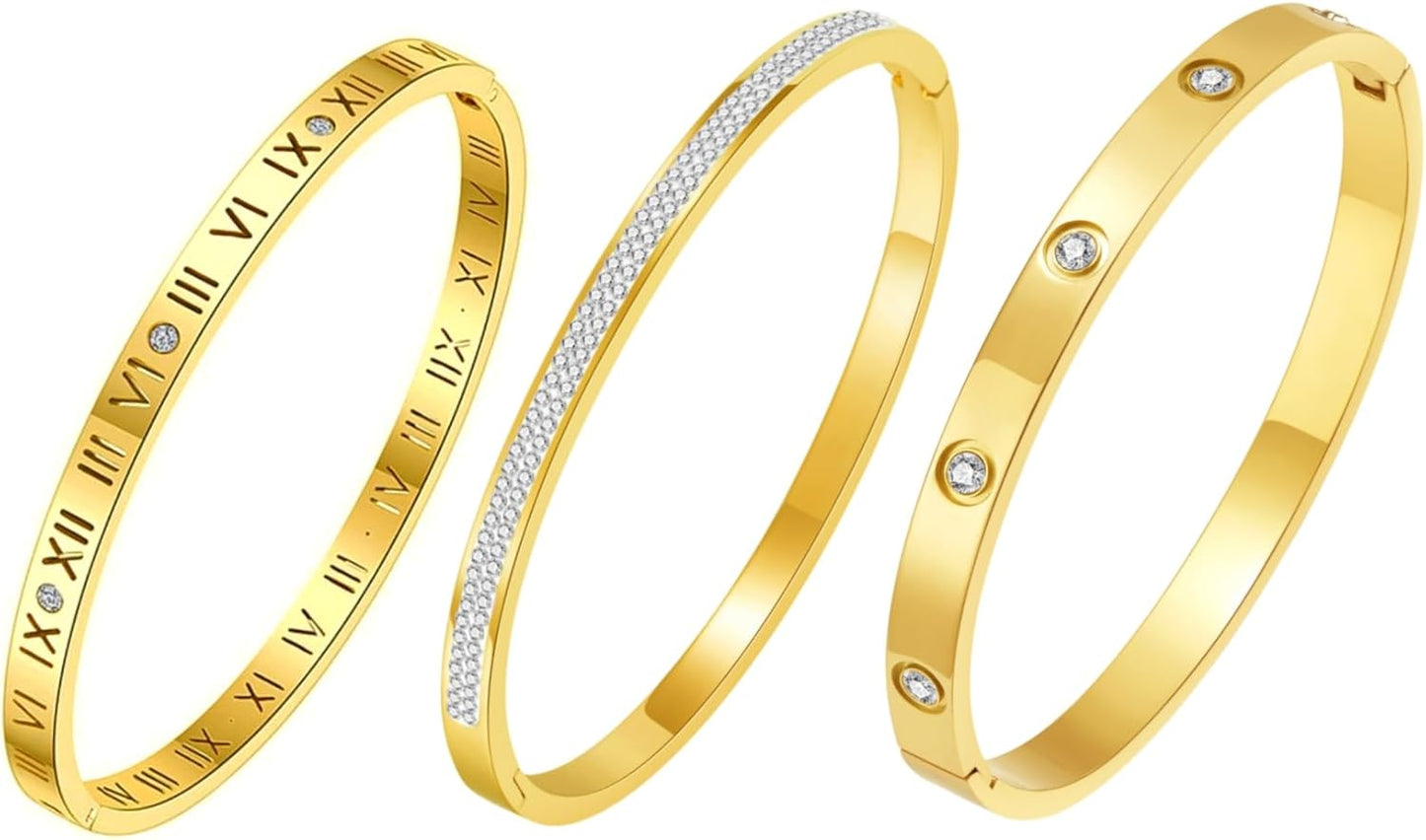 14K Gold Plated Bracelet Set for Women Love Friendship Bangle with Cubic Zirconia Stones Stainless Steel Bracelet Best Gifts for Women