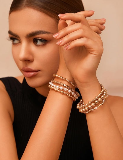 KISS WIFE Gold Bracelets for Women Gold Bracelet Stack Pearl Beaded Bracelets for Women Strand Bead Ball Stretchable Elastic Bracelet Set Adjustable Fashion Accessories Jewelry for Gifts