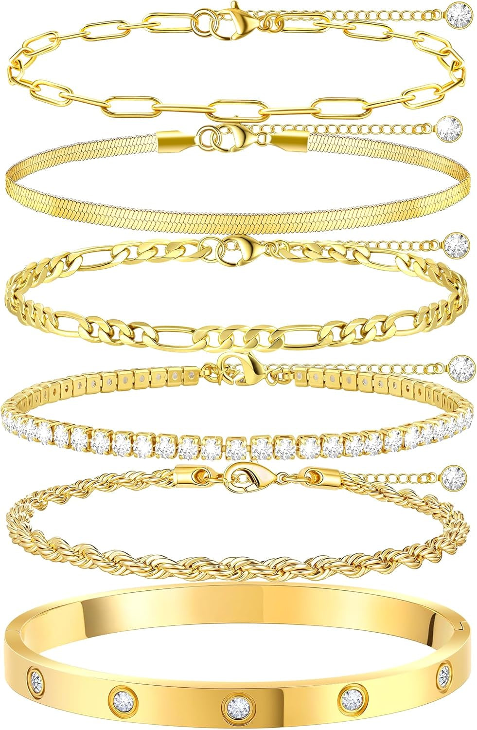 Gold Bracelets for Women Non Tarnish, Dainty 18K Gold Plated Bracelets Stack Trendy Waterproof Stackable Bangles, Cuban Link Paperclip Chain Jewelry Set Fashion Accessories Gifts for Women