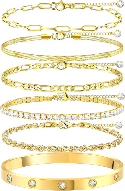 Gold Bracelets for Women Non Tarnish, Dainty 18K Gold Plated Bracelets Stack Trendy Waterproof Stackable Bangles, Cuban Link Paperclip Chain Jewelry Set Fashion Accessories Gifts for Women