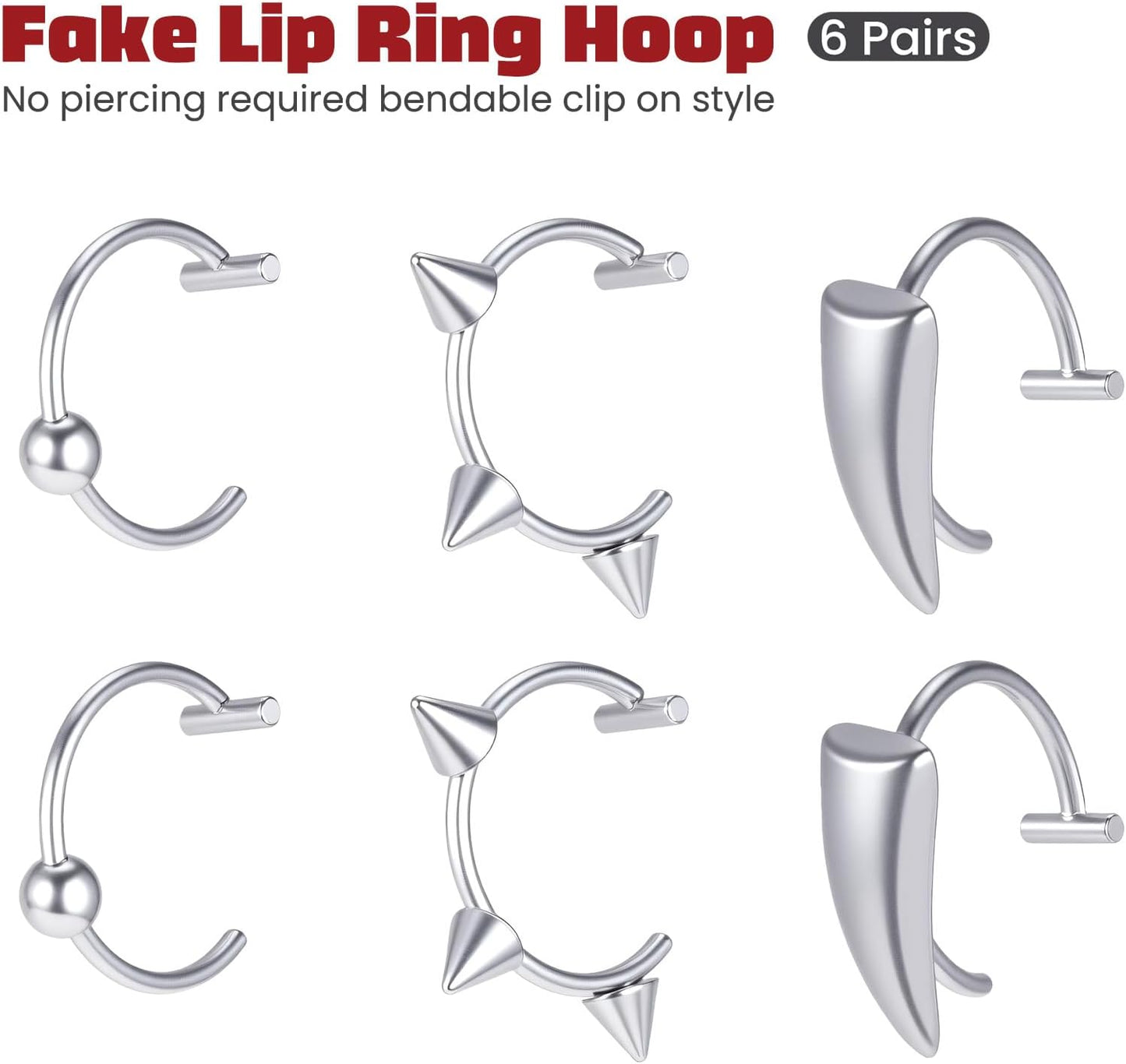 12 Pcs Wolf Teeth Ring Vampire Teeth Ring Stainless Steel Fake Lip Rings Non-Piercing Fake Ear Cuff Lip Cuff Septum Nose Rings for Halloween Accessories (Silver)