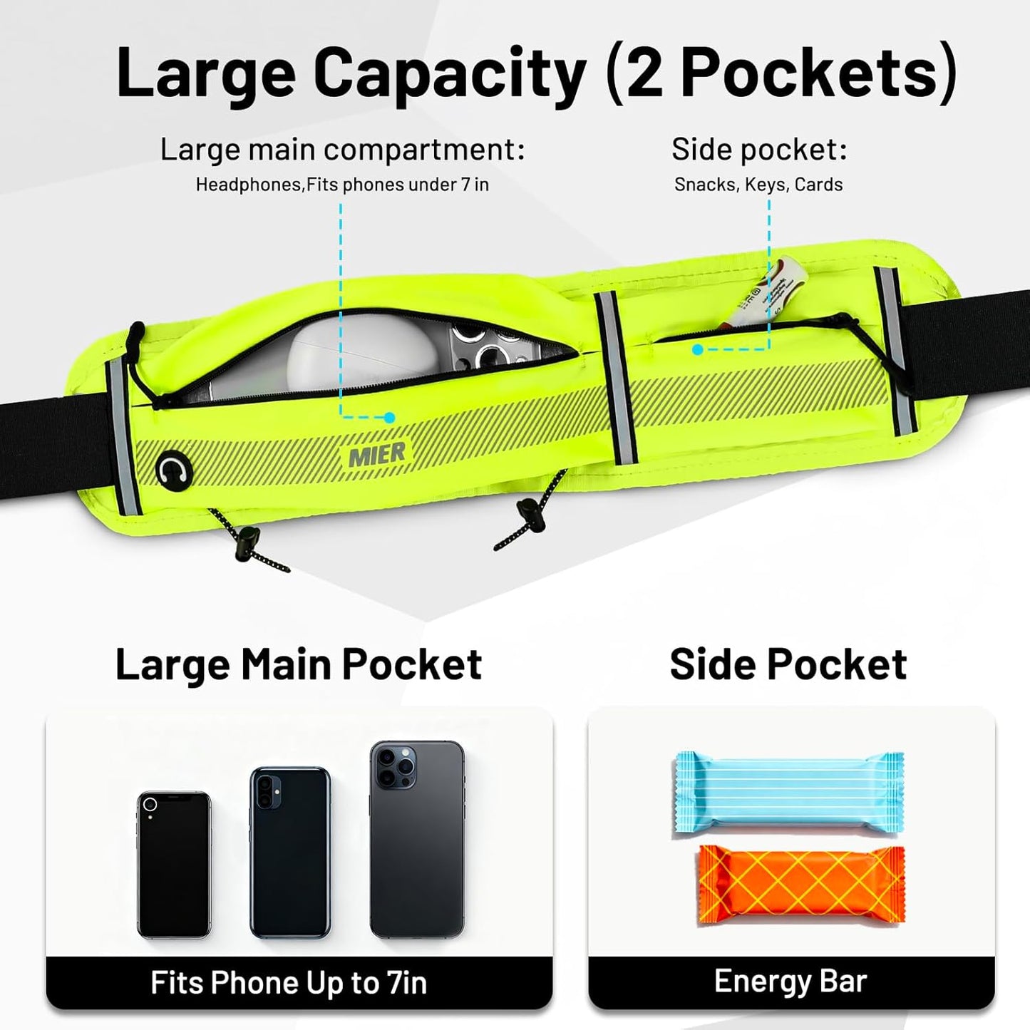 Women's slim running belt showing large main phone pocket and zippered storage