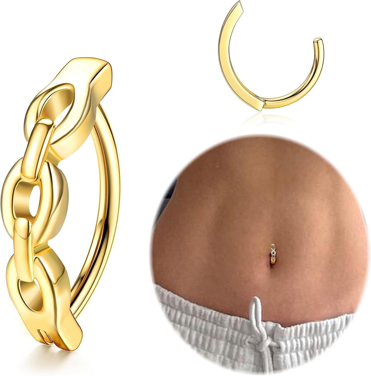 FIBO STEEL 14K Gold Plated Belly Button Rings for Women 316L Surgical Steel Clicker Belly Rings CZ Snake Flower Curved Reverse Navel Rings Belly Piercing Jewelry Barbell 14G