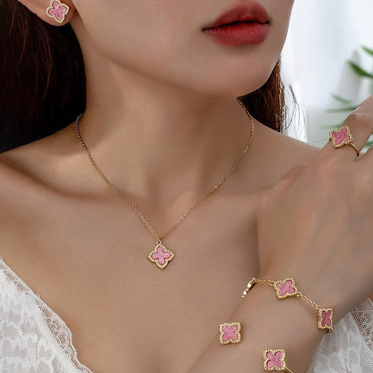 6Pcs/Set Lucky Clover Earring Necklace Bracelet Ring Set for Women Gold Plated Four-Leaf Pendent Link Chain Necklace Fashion Jewelry Set Valentine'S Day Gift