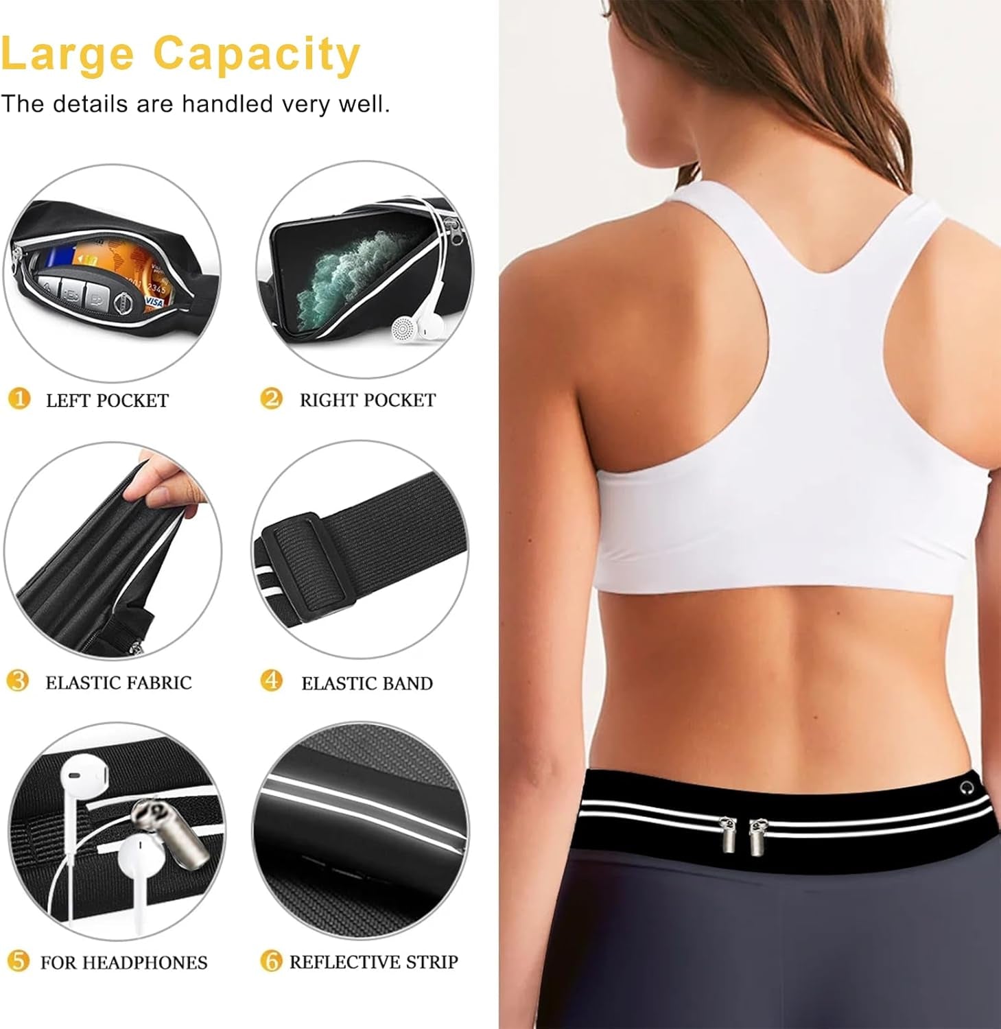 Close-up of dual zippered pockets on women's running belt