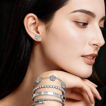 Freinit Bracelets and Earrings Set for Women 5Pcs 18K Gold Plated Nail Love Bangle Bracelet Set Adjustable Bracelet Stackable Flower Tennis Bracelet Gifts for Christmas Valentines Women'S Day and Mother'S Day