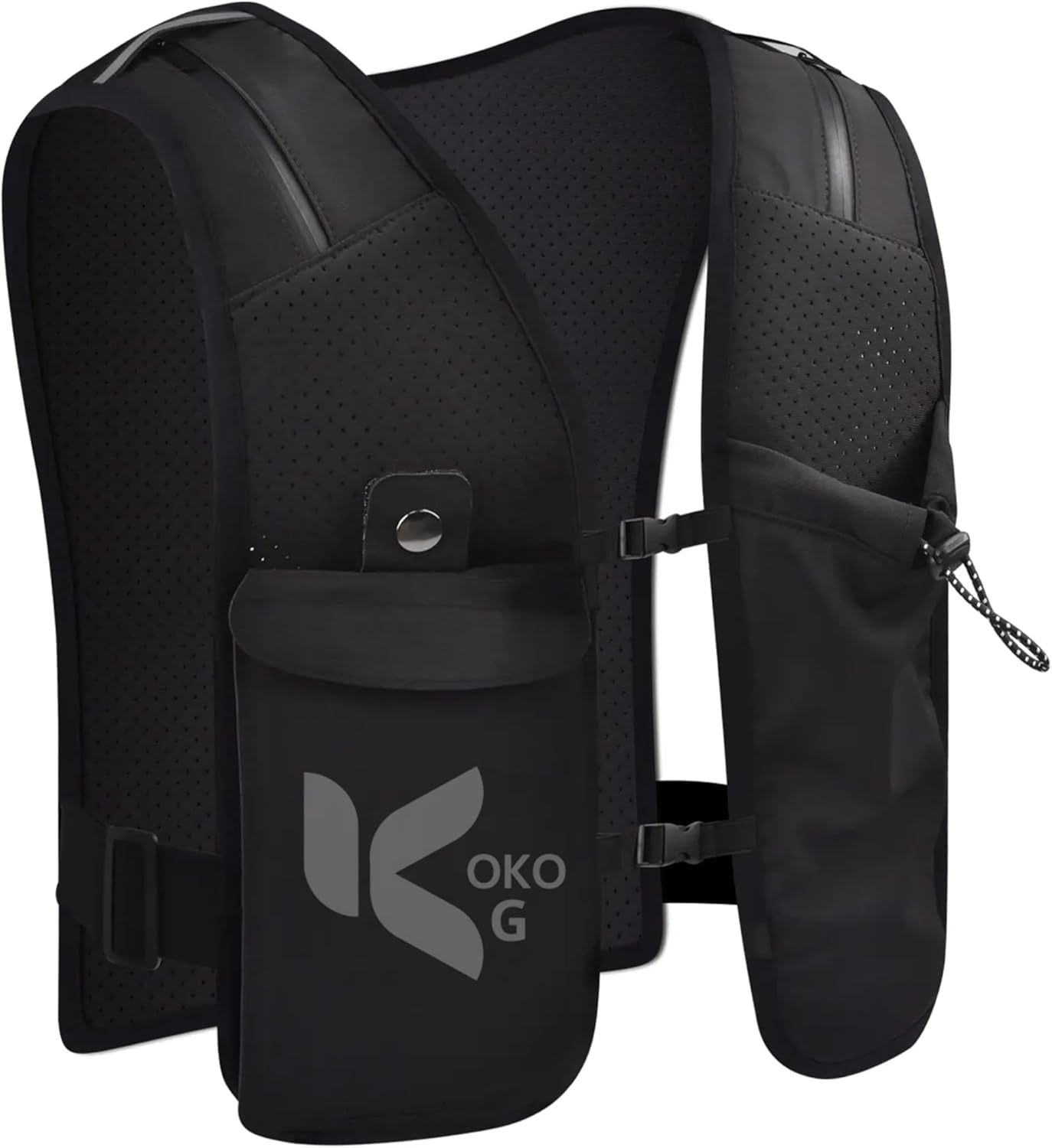 Woman wearing ultra-light breathable running vest with water bottle during trail run