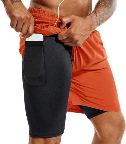 TENJOY Men'S 2 in 1 Running Shorts 5 in or 7 in Quick Dry Gym Athletic Workout Shorts for Men with Phone Pockets