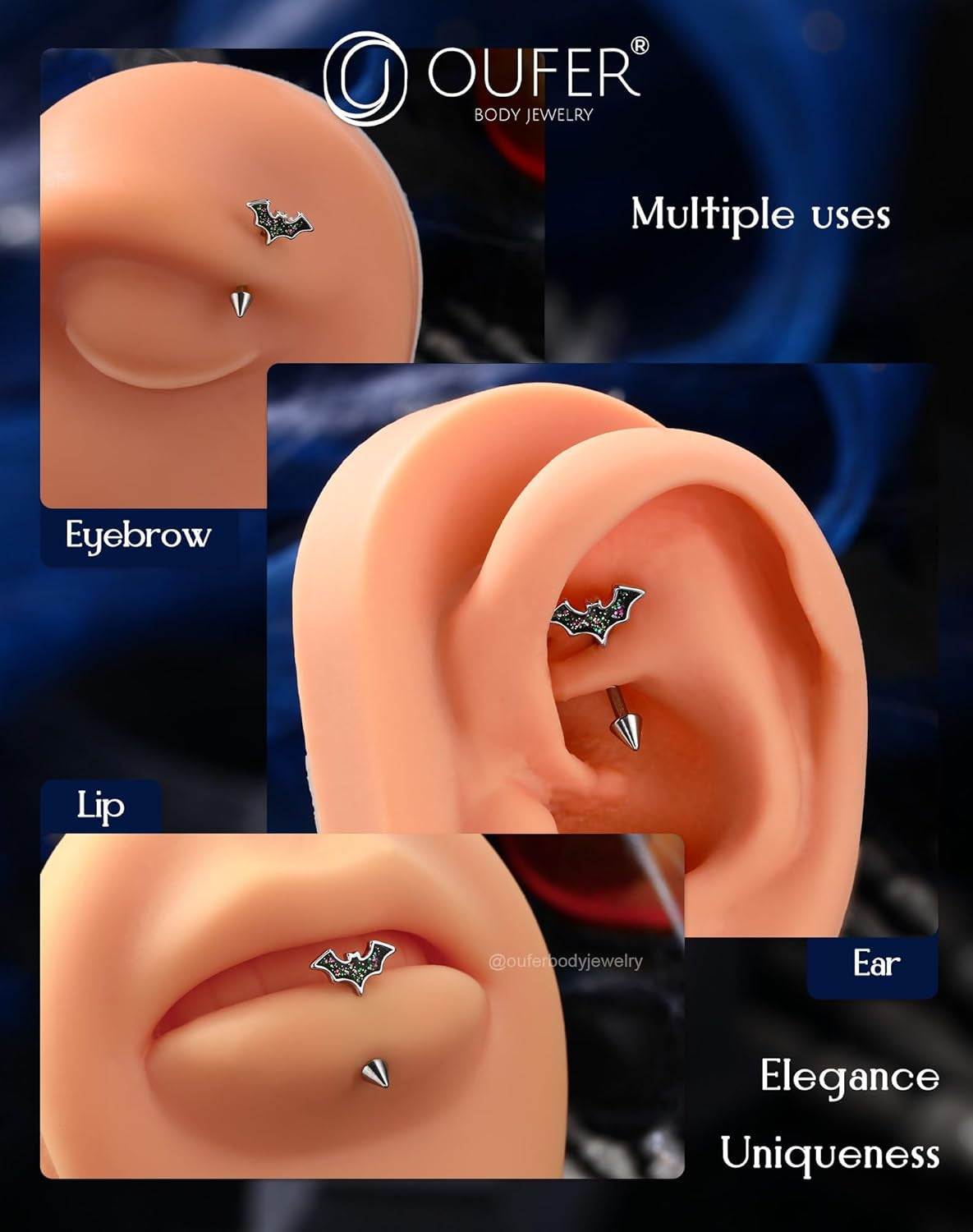 OUFER Bat Halloween Rook Piercing Jewelry, 316L Surgical Steel Eyebrow Piercing Jewelry, Multicolor Glitter Rook Earrings for Women, Hypoallergenic Eyebrow Rings, 16G 8Mm Curved Barbell