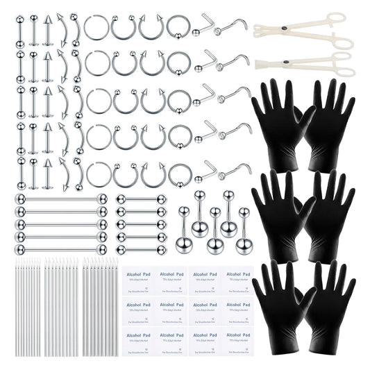 120PCS Body Piercing Kit Surgical Steel 14G 16G 20G BCR CBR Labret Lip Rings Cartilage Daith Earrings Nose Septum Nose Studs Belly Button Rings Jewelry Needles Gloves Clamps Tools