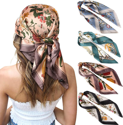 CHLINS 27 Inches Silk Feeling Square Head Scarf - 4 Pcs Satin Square Head Scarves for Women Hair Bandanas