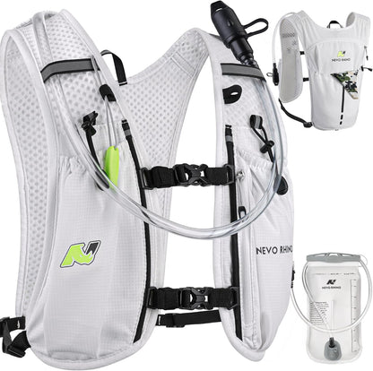 Woman wearing black N Nevo Rhino lightweight hydration running vest