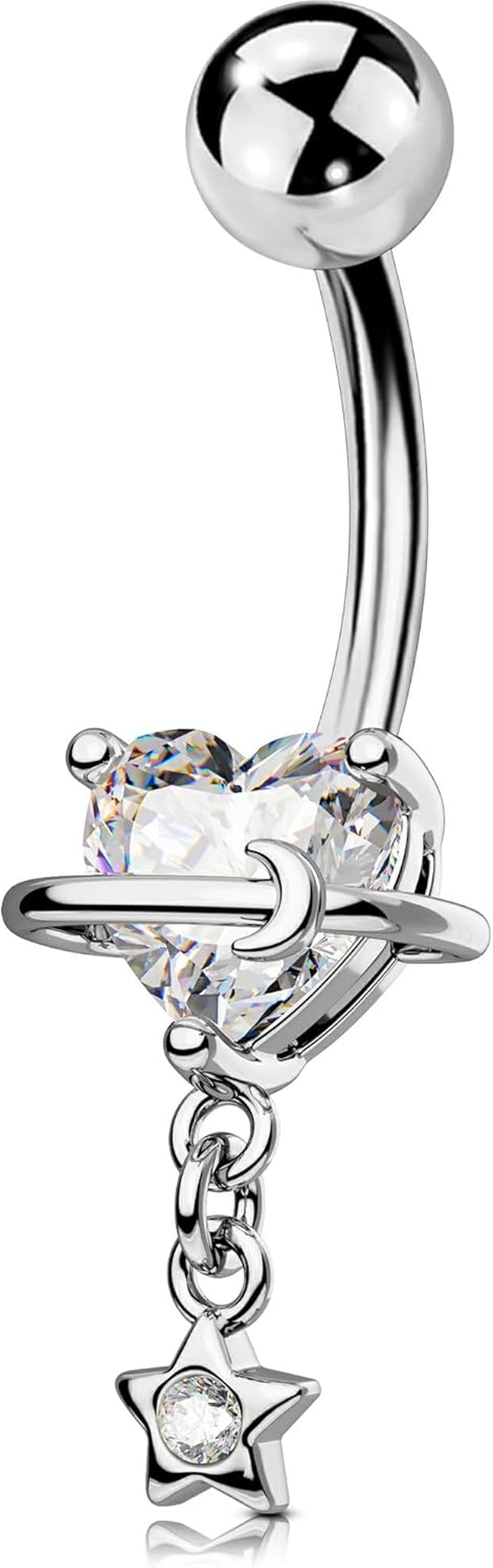 OUFER Dangle Belly Button Rings, 316L Surgical Steel Belly Rings for Women, 14G Heart Navel Piercing Jewelry, Star Dangling Clear CZ Curved Barbells Silver/Gold 10MM