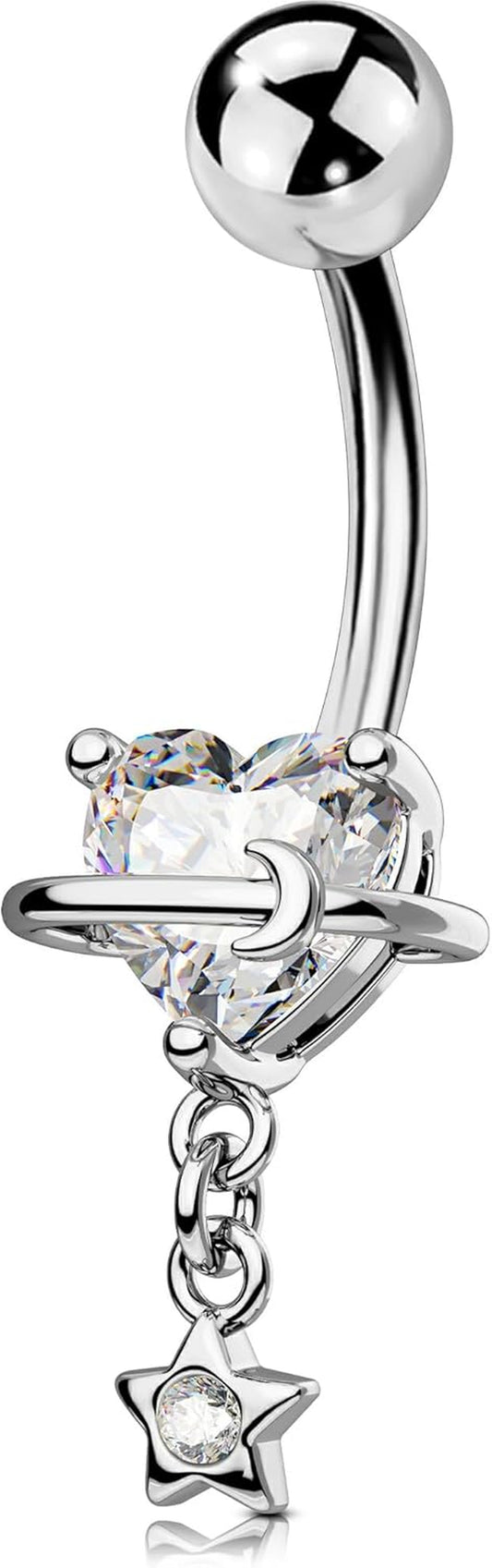 OUFER Dangle Belly Button Rings, 316L Surgical Steel Belly Rings for Women, 14G Heart Navel Piercing Jewelry, Star Dangling Clear CZ Curved Barbells Silver/Gold 10MM