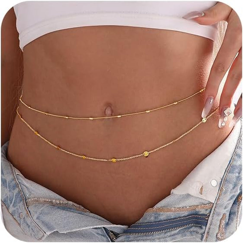 CAROVO Belly Waist Chain for Women 14K Gold Silver Plated Layered Body Chains Boho Cuban Figaro Pearl Heart Coin Satellite Bead Belly Chain Sexy Bikini Body Jewelry for Women Adjustable