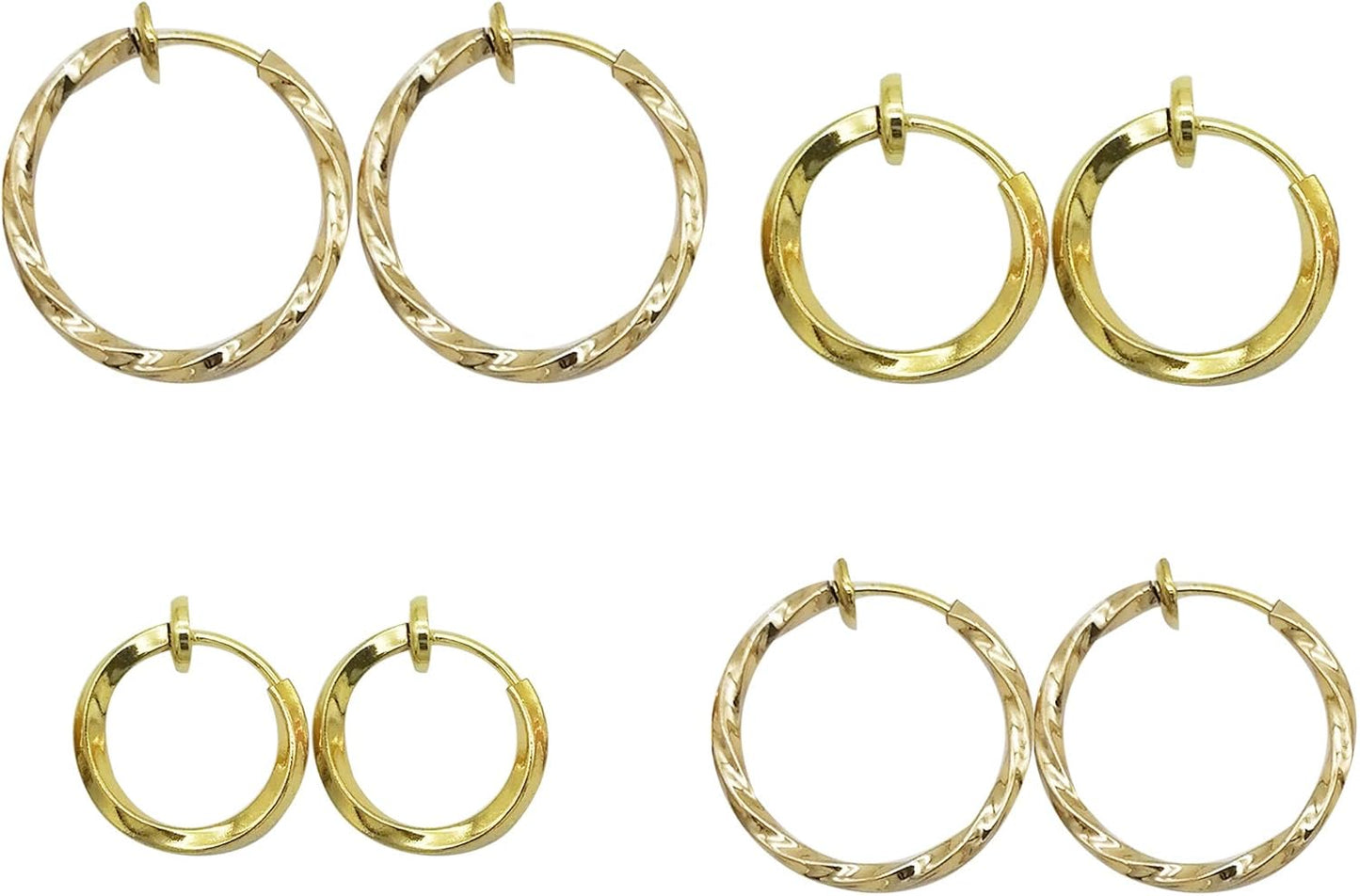 LAXPICOL Twisted Clip on Earrings 4PCS Different Size Gold Silver Grey Rose Gold Tone 0.51IN/0.59IN/0.70IN/0.78IN Stainless Hoop Earrings for Women No Piercing