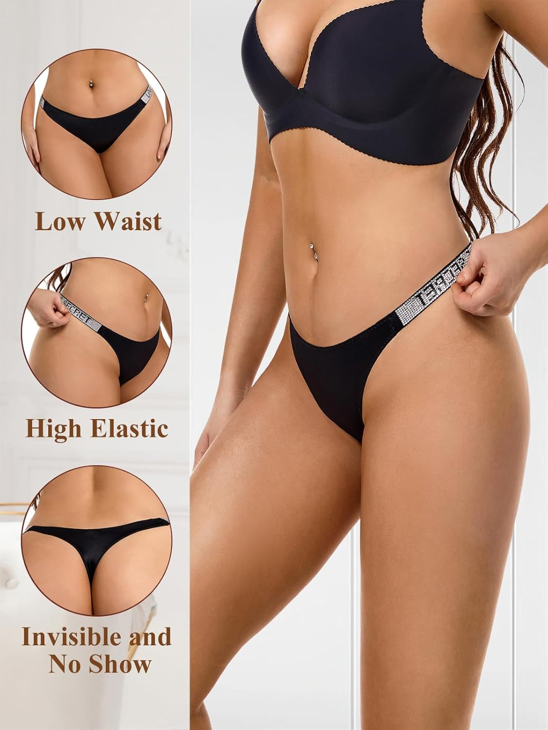 Six pack of sexy rhinestone g-strings multiple colors laid flat