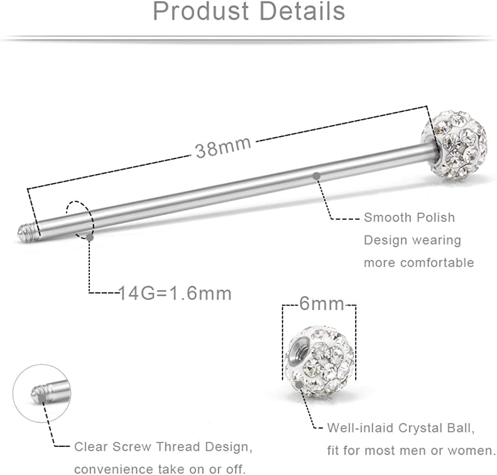 Incaton 14G Industrial Barbell Surgical Steel Cartilage Earrings CZ Industrial Earring Crystal Ferido Industrail Piercing 1 1/2"(38Mm) Bar Length