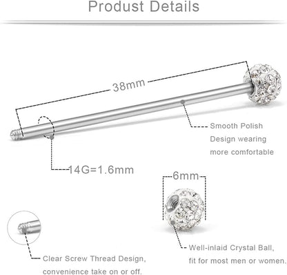 Incaton 14G Industrial Barbell Surgical Steel Cartilage Earrings CZ Industrial Earring Crystal Ferido Industrail Piercing 1 1/2"(38Mm) Bar Length