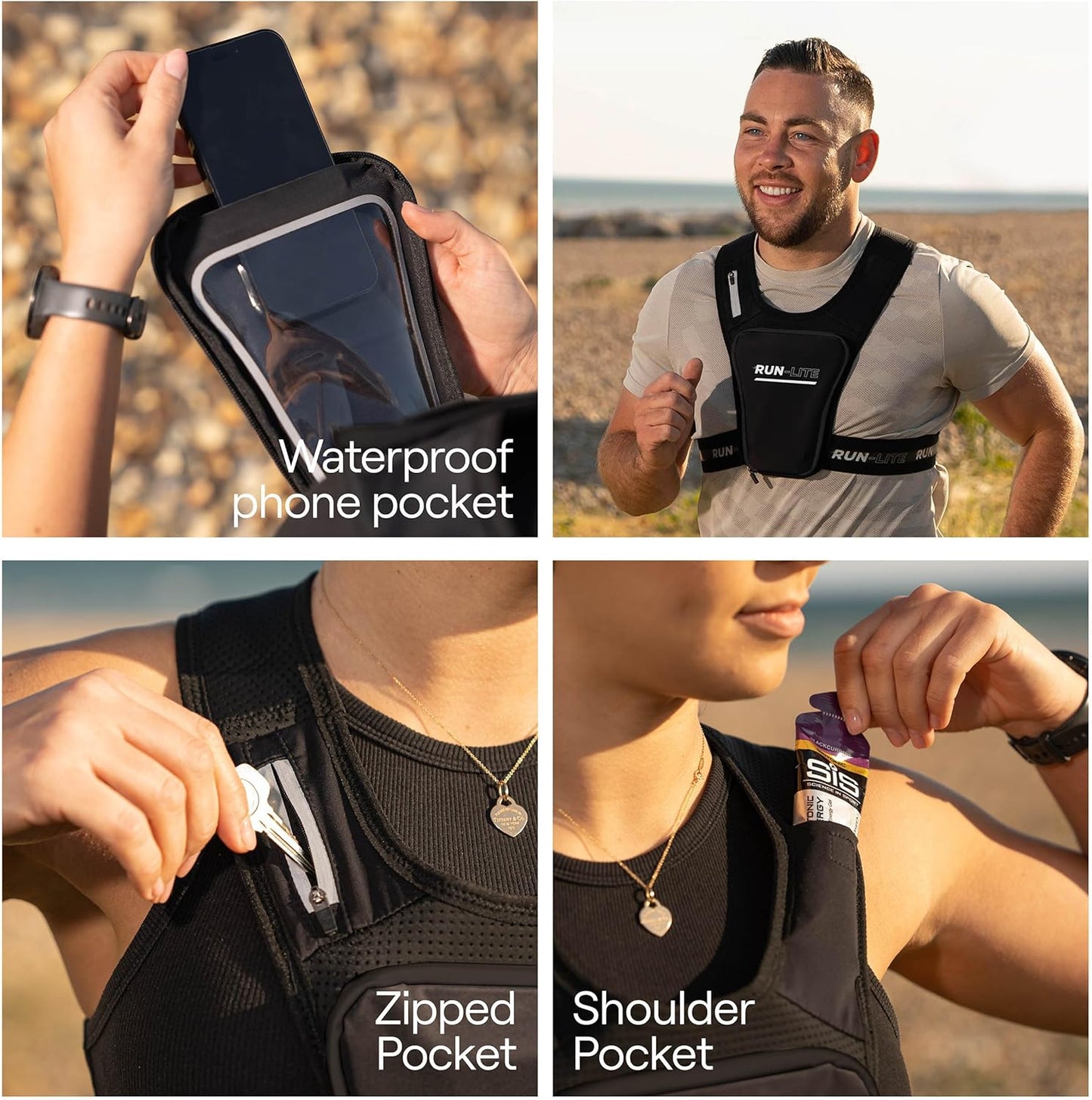 Waterproof phone holder pocket on lightweight running vest