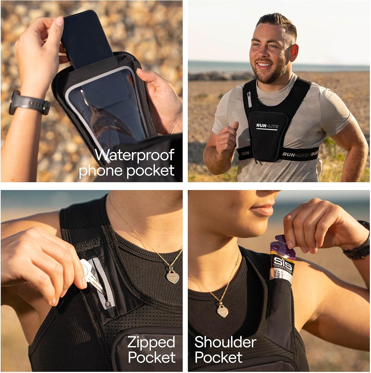 Waterproof phone holder pocket on lightweight running vest