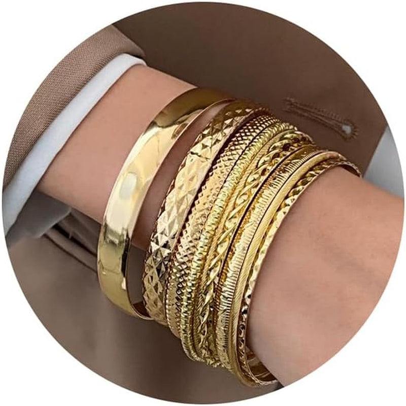 17IF Gold Bangle Bracelet for Women 14K Plated Multi Layer Cuff Bracelets Set Trendy Boho Textured Indian Punk Chunky Cable Smooth Bangles Elegance Stack Minimalist Jewelry Gift