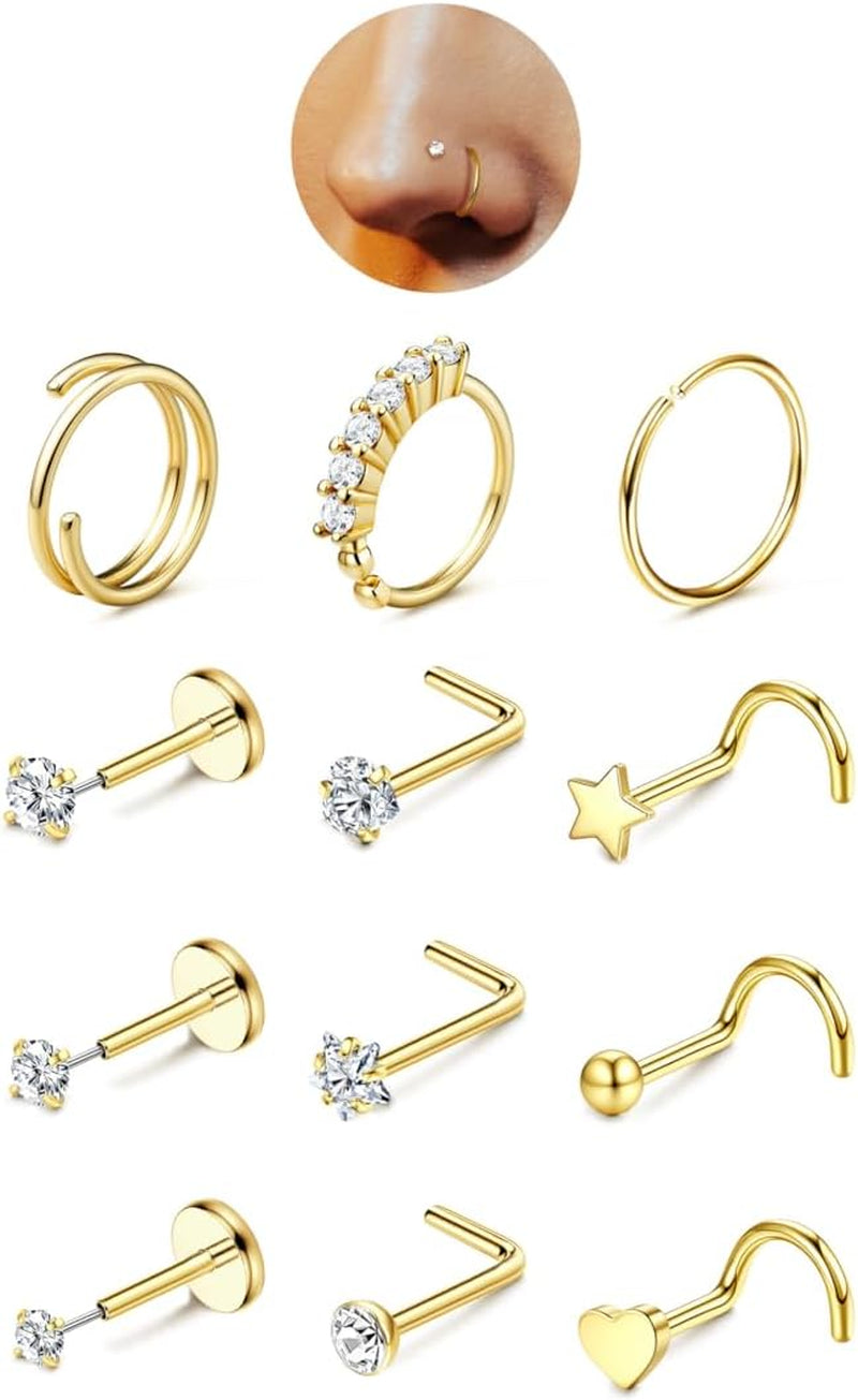 Jerywe Nose Rings for Women - 14K Gold Filled Hypoallergenic Surgical Steel Nose Ring Hoops CZ Lip Ring Screw L Shaped Studs Threadless Flat Back Stud Nose Piercings Jewelry for Women Men