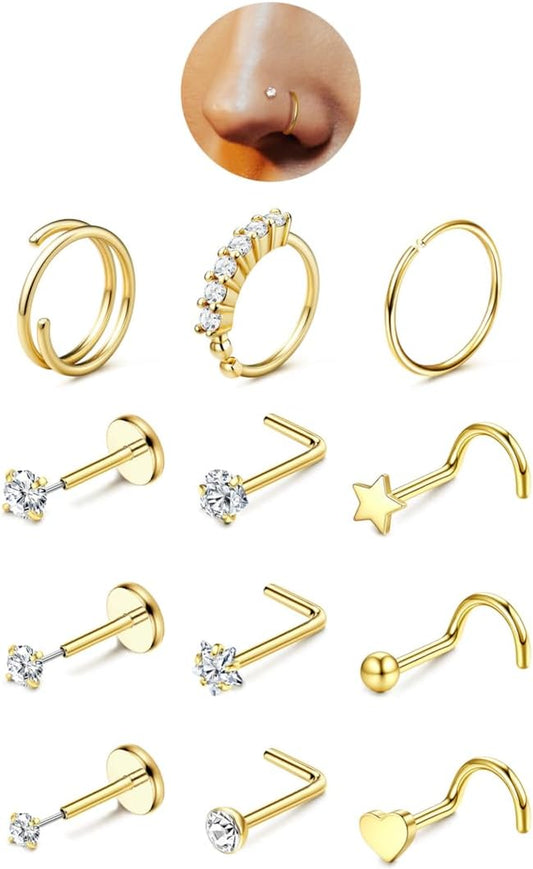 Jerywe Nose Rings for Women - 14K Gold Filled Hypoallergenic Surgical Steel Nose Ring Hoops CZ Lip Ring Screw L Shaped Studs Threadless Flat Back Stud Nose Piercings Jewelry for Women Men