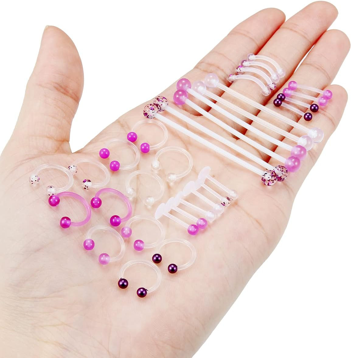 Jenxnjsjo Clear/Pink/Purple Lip Septum Rings Eyebrow Industrial Smiley Piercing Jewelry Plastic Cartilage Helix Tragus Daith Earrings Vertical Labret Medusa Retainers Kits for Surgery Work Sports