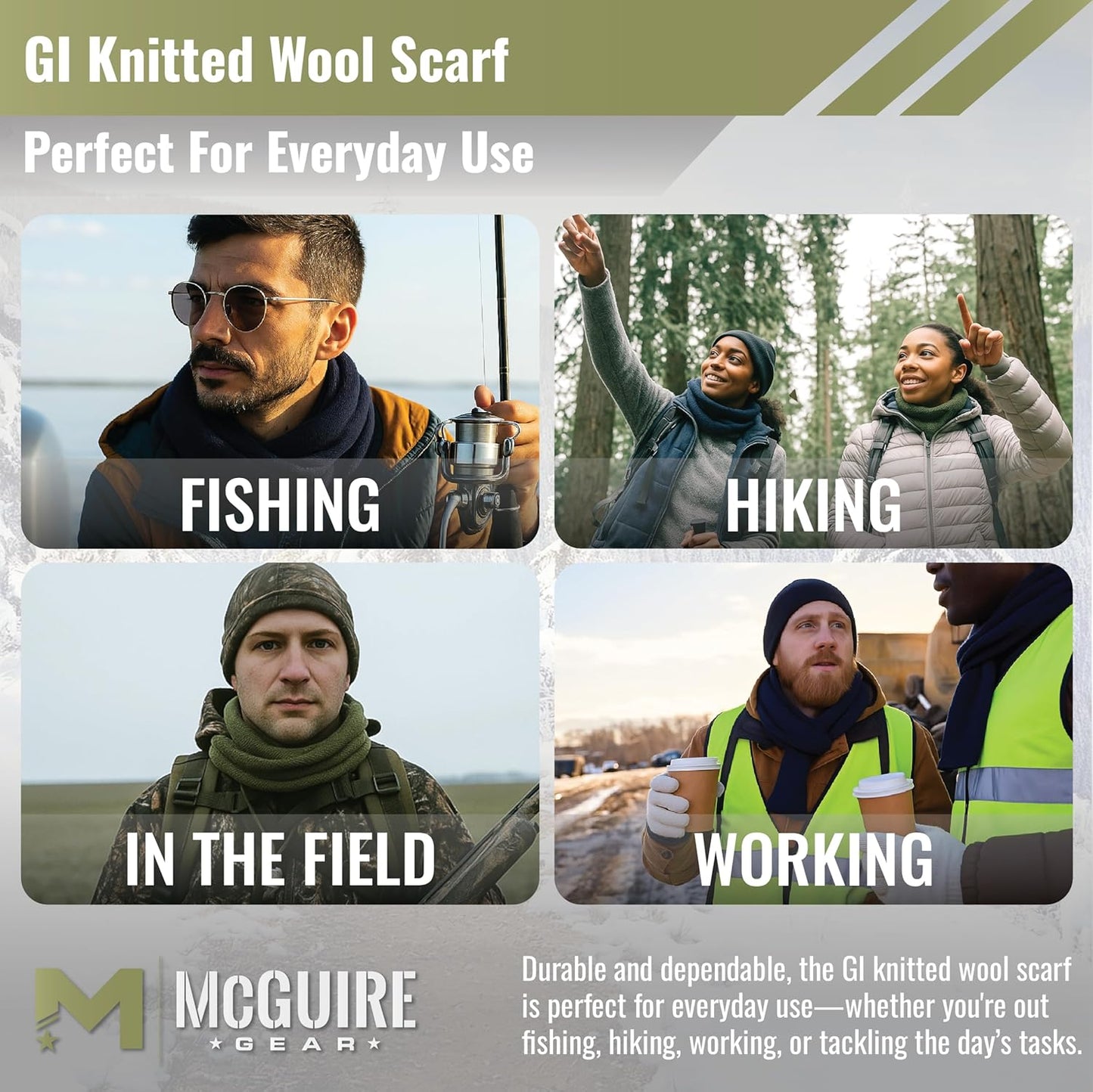 M MCGUIRE GEAR Genuine US Army Military GI 100% Wool Warm Winter Scarf, Made in USA