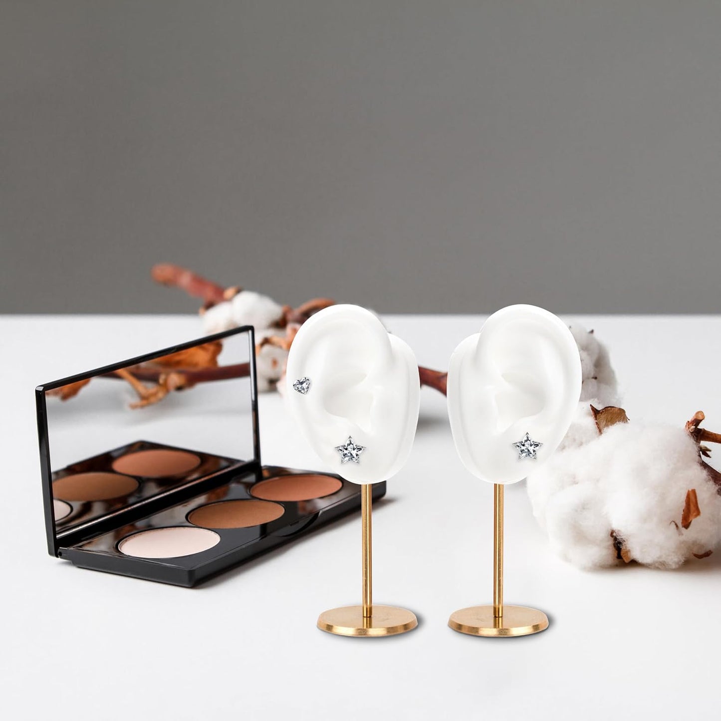 Ear Shaped Earring Display Stand, Piercing Stud Holder, Copper round Base Silicone Body Mannequin Model Organizer, Navel Jewelry Rack for Girl Women Shows Birthday Wedding Decor (Left&Right, White)