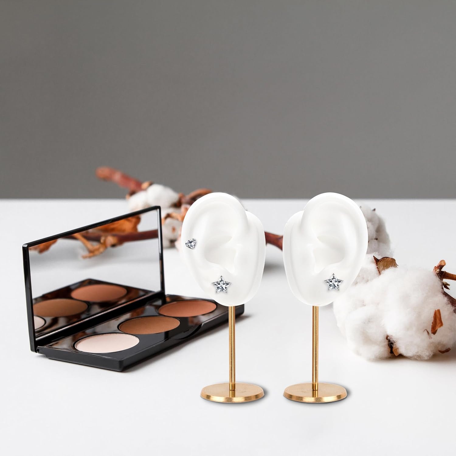 Ear Shaped Earring Display Stand, Piercing Stud Holder, Copper round Base Silicone Body Mannequin Model Organizer, Navel Jewelry Rack for Girl Women Shows Birthday Wedding Decor (Left&Right, White)