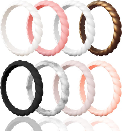 Egnaro Silicone Wedding Ring for Women,Thin and Stackble Braided Rubber Wedding Bands,No-Toxic,Skin Safe