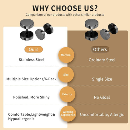 Aroncent 6 Pairs 4-14Mm Black Earrings for Men Women Fake Gauges Fake Earrings Stainless Steel Earrings Set