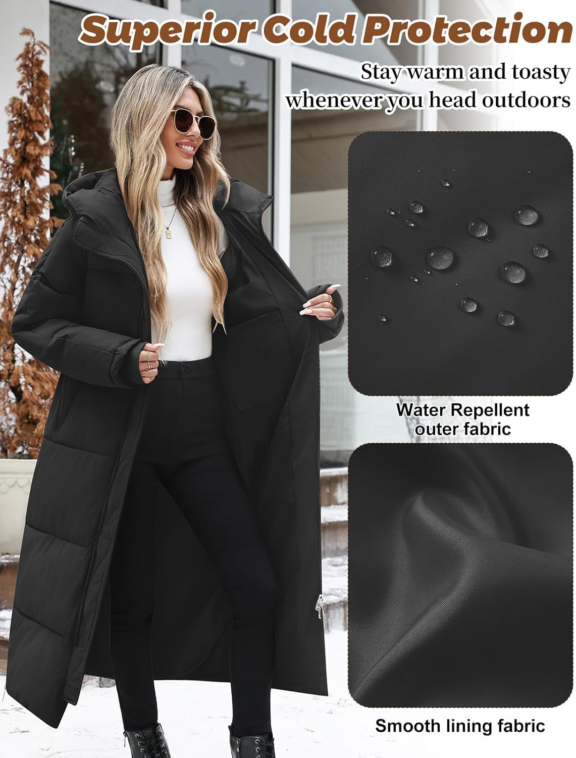 Side profile showing hem slit detail on quilted winter coat