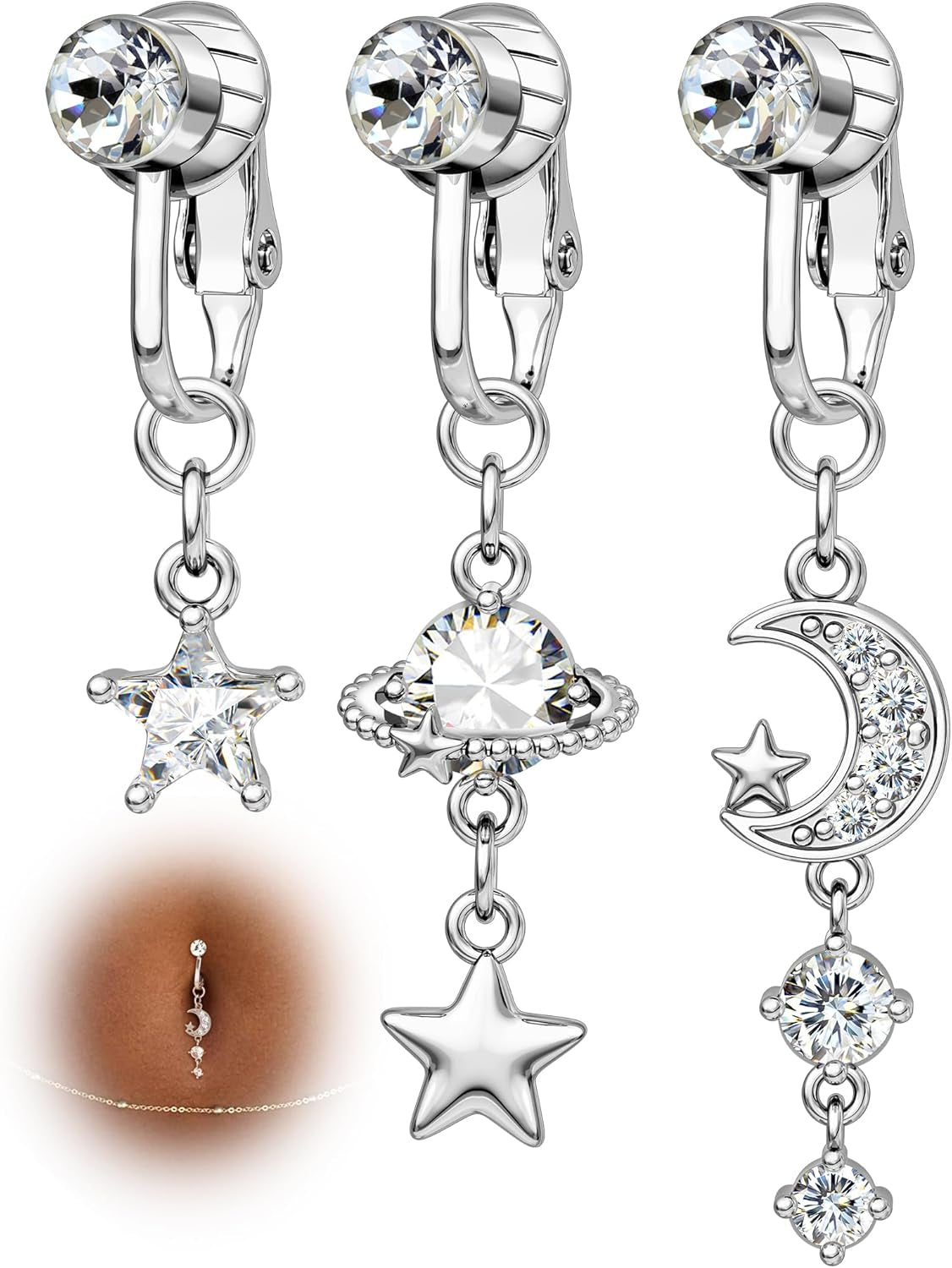 COCHARM 3PCS Fake Belly Button Rings Clip on Belly Navel Rings for Women Men Stainless Steel Belly Button Piercing Silver/Gold