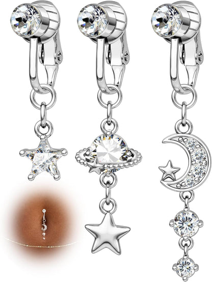 COCHARM 3PCS Fake Belly Button Rings Clip on Belly Navel Rings for Women Men Stainless Steel Belly Button Piercing Silver/Gold
