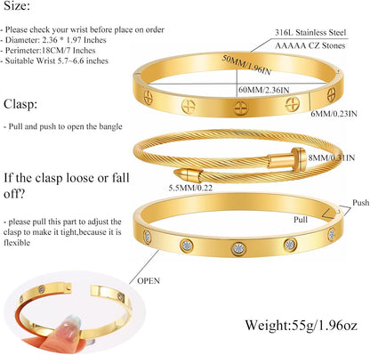 Gold Bracelets for Women - Stackable Bangles with Love & Friendship Theme - Stainless Steel Jewelry Gift for Her